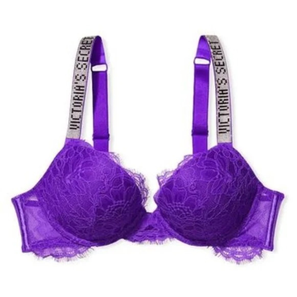 NEW 💗Victoria secret LOGO BLING shine strap logo VERY SEXY PUSHUP BRA 32D TAGS